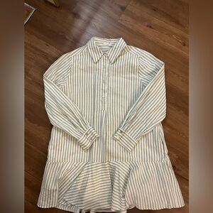 entro White and Light Green Striped Mini Shirt Dress